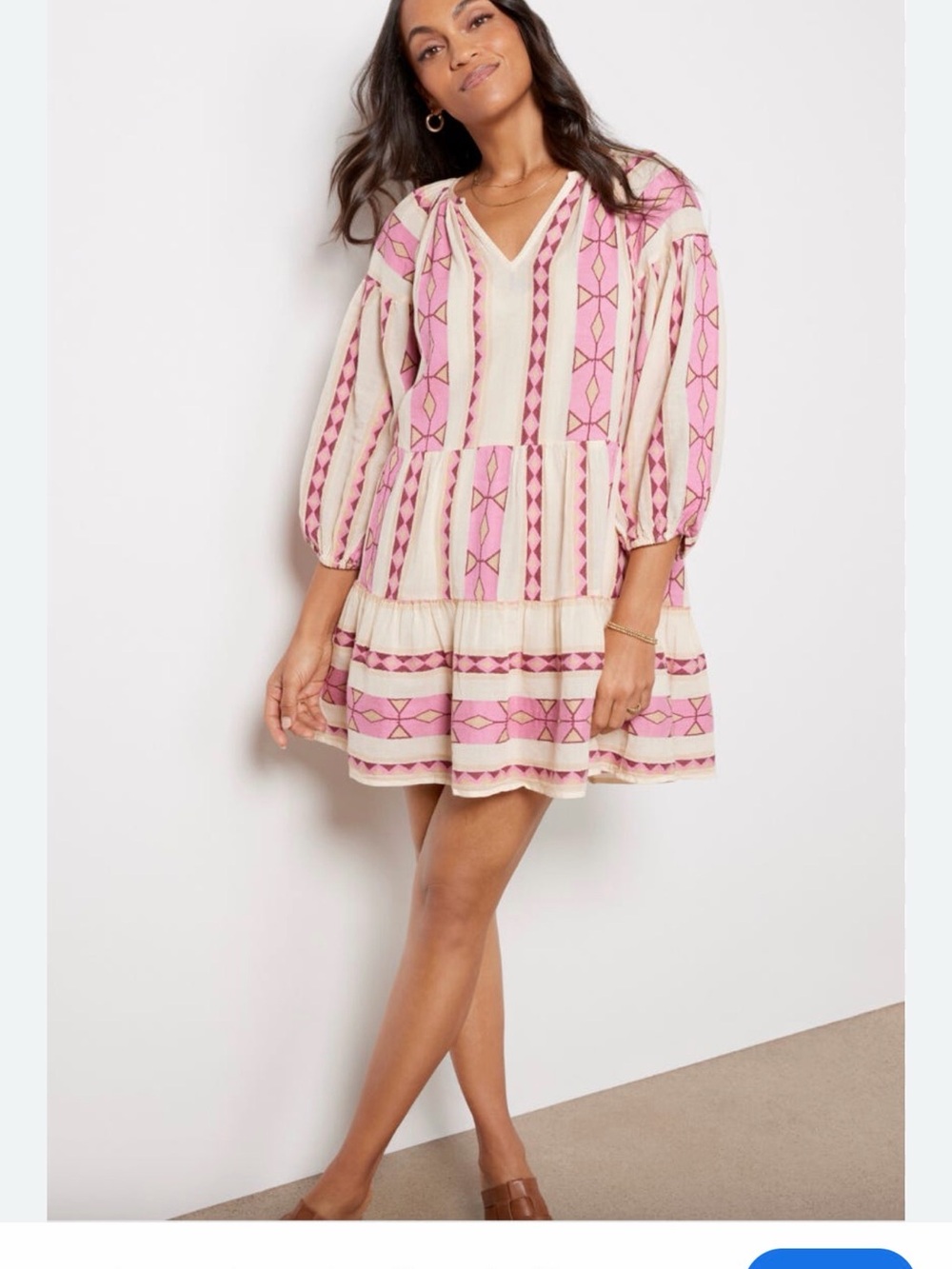 Velvet Kelly Dress - Cream Mini Dress with Pink Embroidery